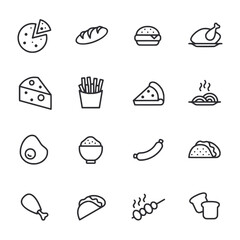 A set of food icons including pizza, bread, and chicken