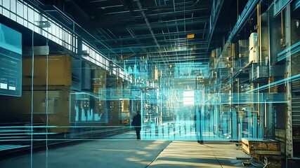 Futuristic industrial setting with digital overlays, showcasing technology and collaboration - Powered by Adobe