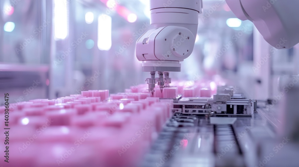 Poster automated production line: robotic arm precisely handling pink products