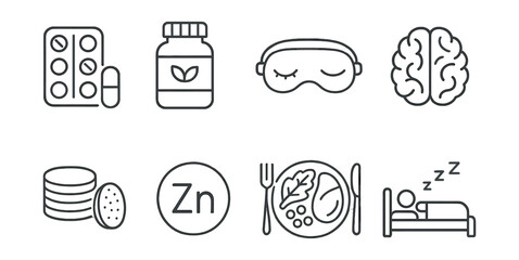 Set of icons: pills, supplement bottle, sleep mask, brain, mug, Zn symbol, bed with food, person sleeping in bed.