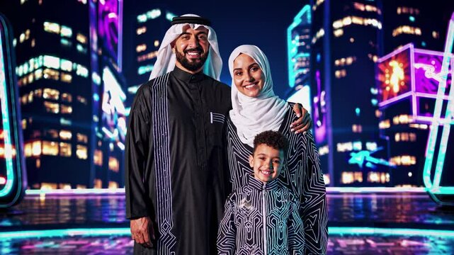 Arab family wearing traditional thobes and abayas with futuristic glowing circuit patterns smiles together in a metaverse city with neon lights