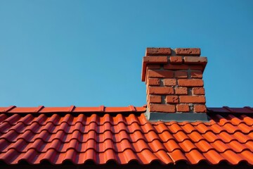 Naklejka premium A weathered brick chimney against a vibrant red roof , background, domestic, rustic