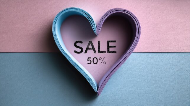 Heart shape 3d rendering with text &lsquo;SALE 50%&rsquo; for promotional materials, discount offers and seasonal sales.