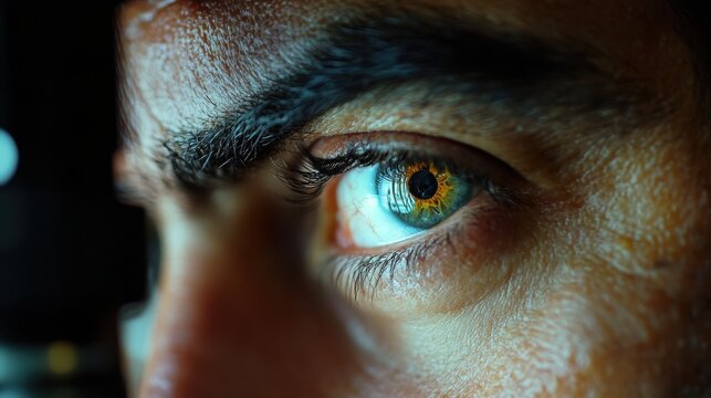 Macro shot of a hazel human eye with detailed eyelashes and eyebrow. Perfect for conveying intense emotions like focus, observation, or mystery.