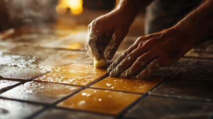 Tile installer carefully applying grout between tiles. Featuring precision and aesthetic appeal