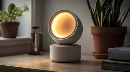 A modern lamp sits on a wooden table indoors near plants