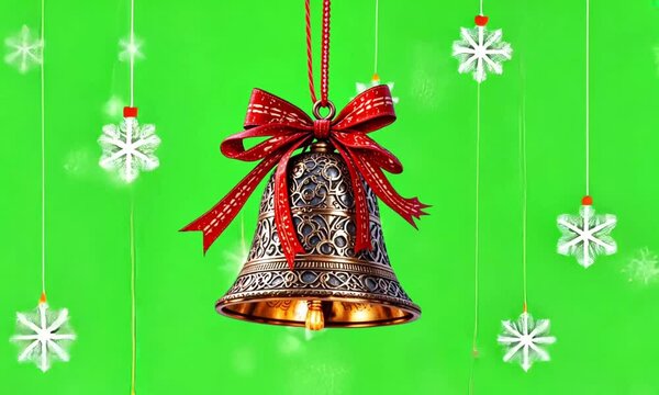 golden bell moving with snow effect on green screen