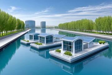Fototapeta premium Floating solar farms connected to AI climate monitoring systems