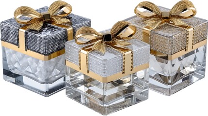 Elegant Jewel-Encrusted Gift Boxes with Platinum Bows and Transparent Details