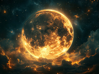 Fototapeta premium a bright, detailed view of the moon glowing in the night sky, partially obscured by dark tree branches in the foreground. The moon's surface is illuminated with a warm light