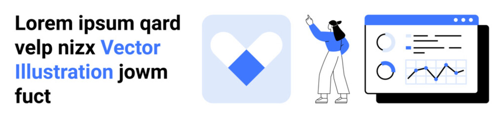 Blue and white graphic interface with circular charts, line graphs, heart-shaped logo, and woman pointing. Ideal for data analysis, marketing, communication, teamwork, presentations technology
