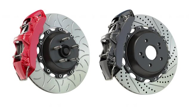 Car brake disc with calipers on white background with alpha channel. Seamless loop. 3d animation