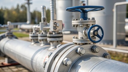 Fototapeta premium hydrogen fuel cell technology renewable efficiency Concept. Industrial pipeline with valve and metal fittings.