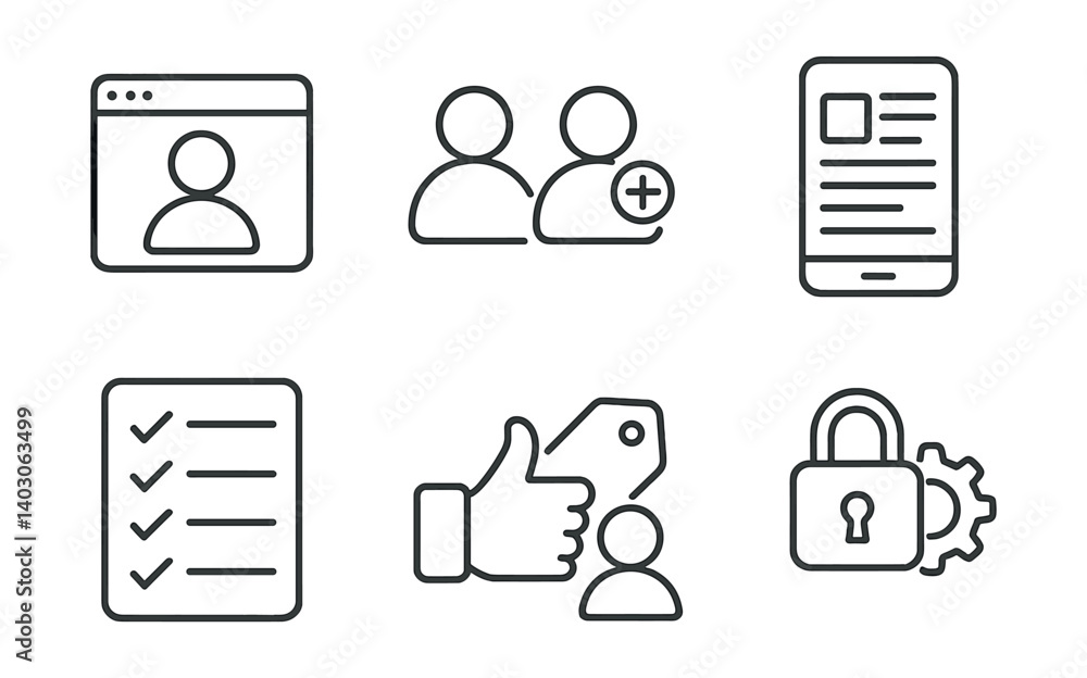 Poster set of icons include: profile in browser window, two people with a plus sign, smartphone with a docu