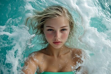 Gorgeous happy and sexy young woman with gorgeous thick short blond hair in green strapless bandeau enjoying turquoise sea, splashes around her. Bright &Ntilde;ommercial style. Happy tropical holiday.