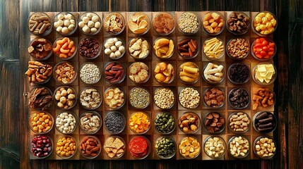 Fototapeta premium A Diverse Collection of Snacks: An Array of Nuts, Seeds, Dried Fruits, and Crisps. 