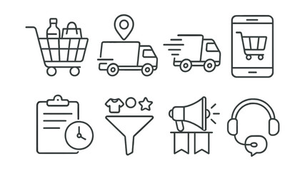 Set of icons: shopping cart, delivery van with location pin, delivery truck, smartphone with shopping cart, clipboard with checklist and clock, funnel with stars, megaphone with ribbon