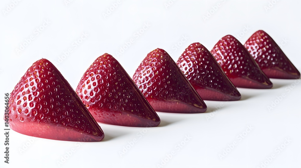 Poster five glistening red strawberry halves arranged in a row on a white background. their glossy surface 