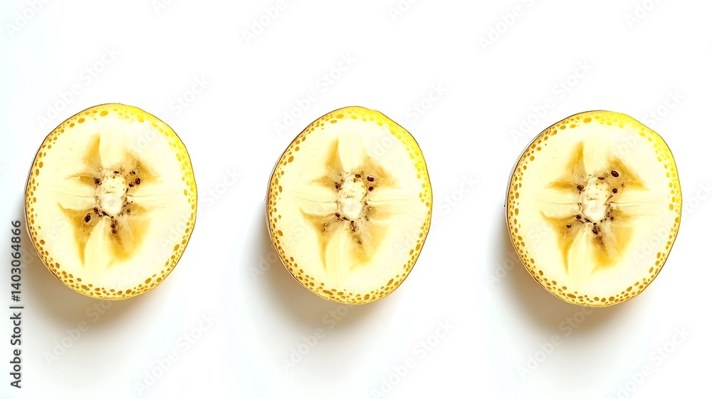 Poster three perfectly symmetrical banana slices arranged in a row on a white background. the image showcas