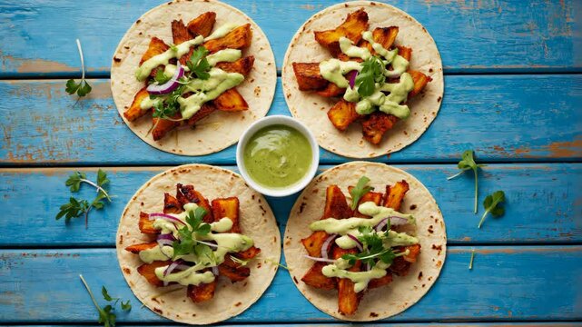 Delicious vegetarian tacos filled with spiced potato chunks, fresh red onion, and a creamy green sauce served on a bright blue wooden surface.