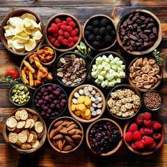 A Collection of Colorful Snacks: Diverse Flavors and Textures in Wooden Bowls. 