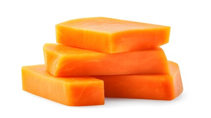 Four vibrant orange carrot slices are stacked neatly against a clean white background.  These healthy, fresh pieces are perfect for culinary or health-related content.