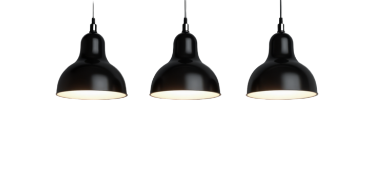 Pendant Lights, Black, Three, Warm Light, Transparent Background