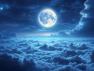 Fototapeta premium night scene with a full moon shining brightly in the sky, casting a blue glow over the ocean waves below. The clouds are illuminated by the moonlight