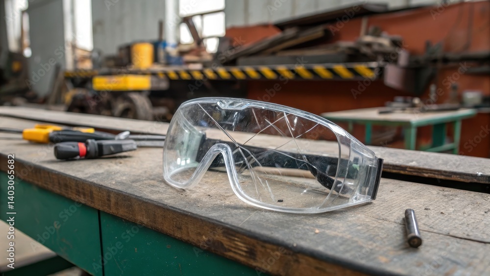 Poster factory worker factory floor accident concept. safety goggles rest on a workshop table among tools, 