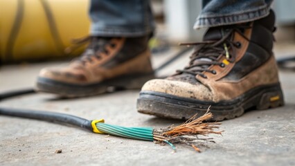 factory worker factory floor accident Concept. Worker's boot near frayed electrical wires on a construction site, highlighting safety concerns.