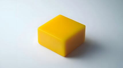 Fototapeta premium A vibrant yellow cube sits on a minimalist white background. The cube is smooth and glossy, casting a subtle shadow. Perfect for presentations, backgrounds, or minimalist designs.