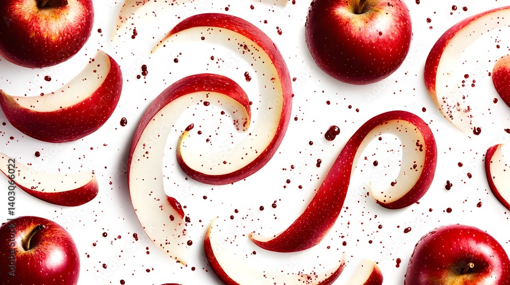 Aufkleber a vibrant flat lay showcasing red apples and their peels artfully arranged in swirling patterns agai