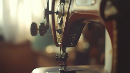 A detailed close up view of a vintage sewing machine