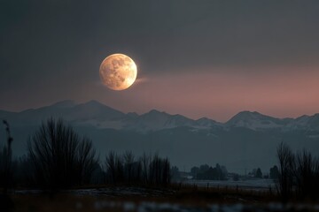 Luna llena sobre monta&ntilde;as nevadas al amanecer. Paisaje nocturno tranquilo y sereno.