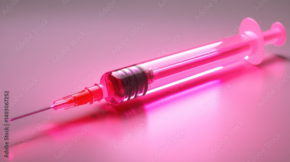 Poster a single transparent syringe with a pink solution inside it