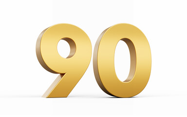 3D Golden number 90 Ninety isolated on white background, 3d illustration