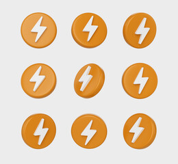 Orange icons with a white lightning bolt symbol, symbolizing energy, power and speed, 3d illustration