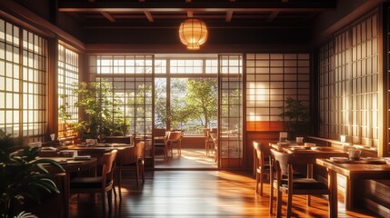 Sunlit Japanese restaurant interior, shoji screens, garden view, tranquil ambiance, dining