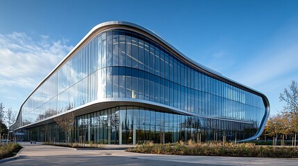 Futuristic Curved Architectural Building, Futuristic architectural building with curved, flowing design and glass facade