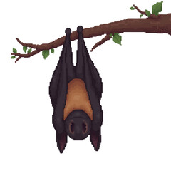 Pixel Art Bat Hanging Upside Down on Branch, transparent background