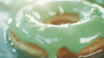 A glazed donuts with green frosting and crystalline sprinkles floats