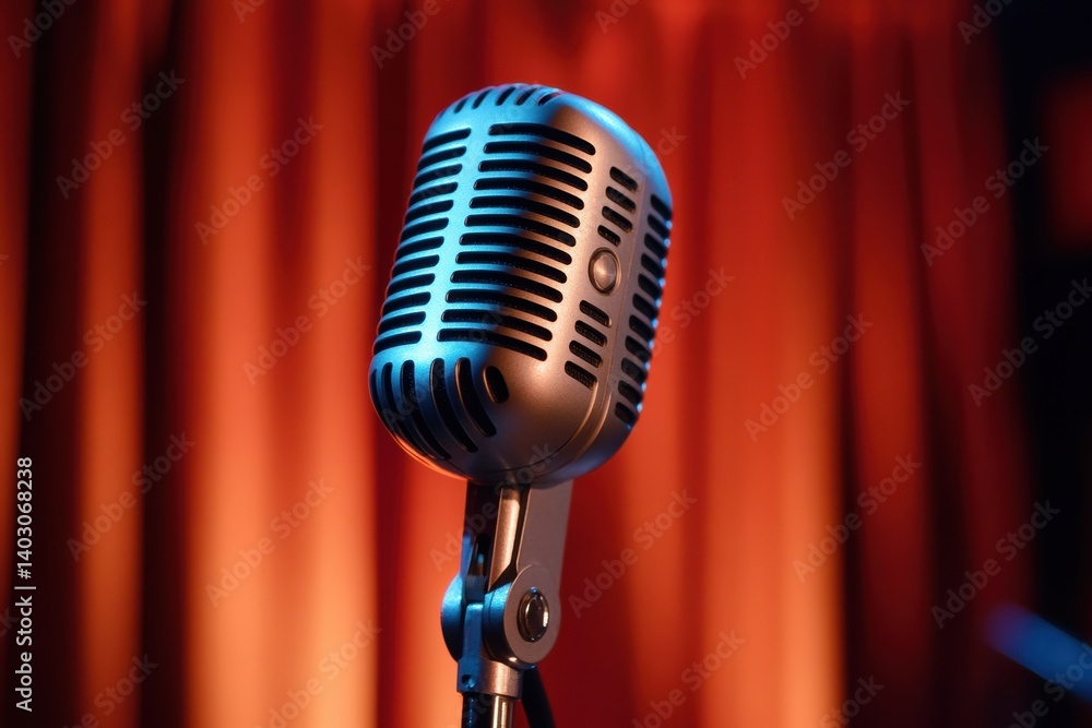 Aufkleber Retro microphone stands ready for performance in spotlight with dramatic curtain backdrop on stage