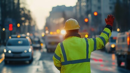 Obraz premium Traffic management officer directing vehicles at a roadwork site. Featuring control and efficiency