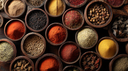 Overhead shot of various spices in rustic bowls, showcasing diverse colors and textures, representing culinary diversity and rich flavor profiles