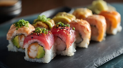 Delicious sushi roll platter with fresh tuna salmon avocado and rice for japanese cuisine lovers enjoy
