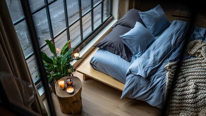 Top view of cozy bedroom with rain outside, candles and plant by window