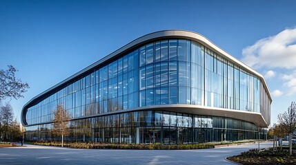 Futuristic Curved Architectural Building, Futuristic architectural building with curved, flowing design and glass facade