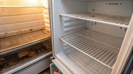 Fototapeta premium economic recession unemployment struggle Concept. Dirty refrigerator interior with empty shelves and grime buildup.