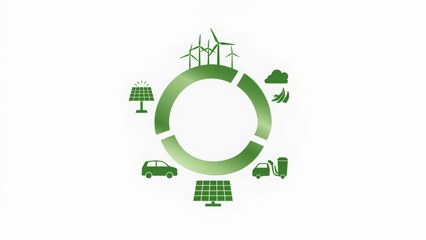 A green circular diagram symbolizes renewable energy and sustainability, featuring icons of wind turbines, solar panels, electric vehicles, and recycling practices