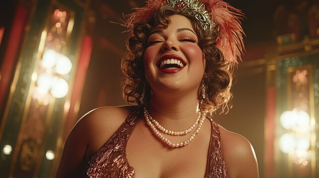 Glamorous woman in 1920s attire laughs heartily